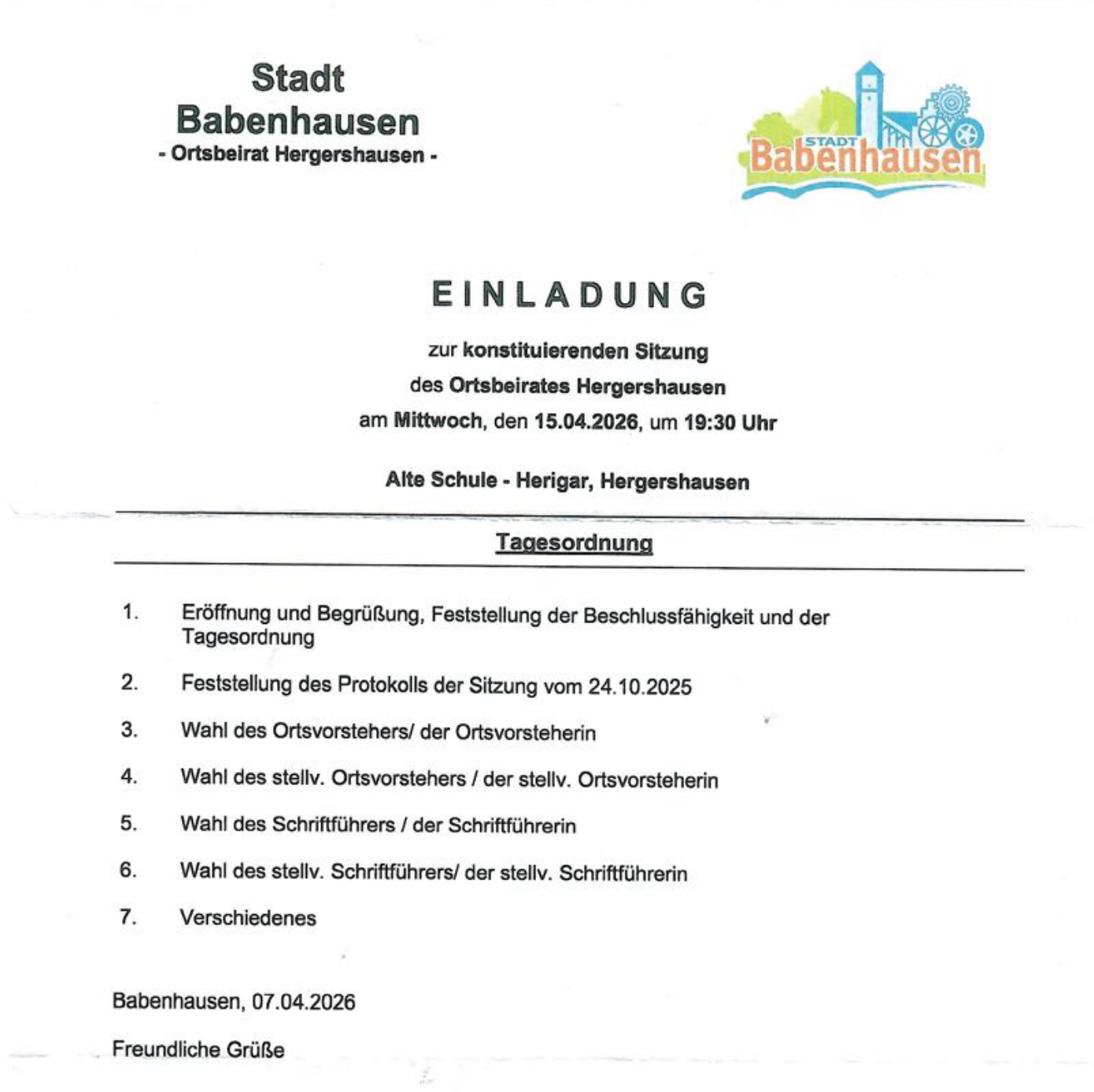 konstituierende Sitzung Ortsbeirat  2026